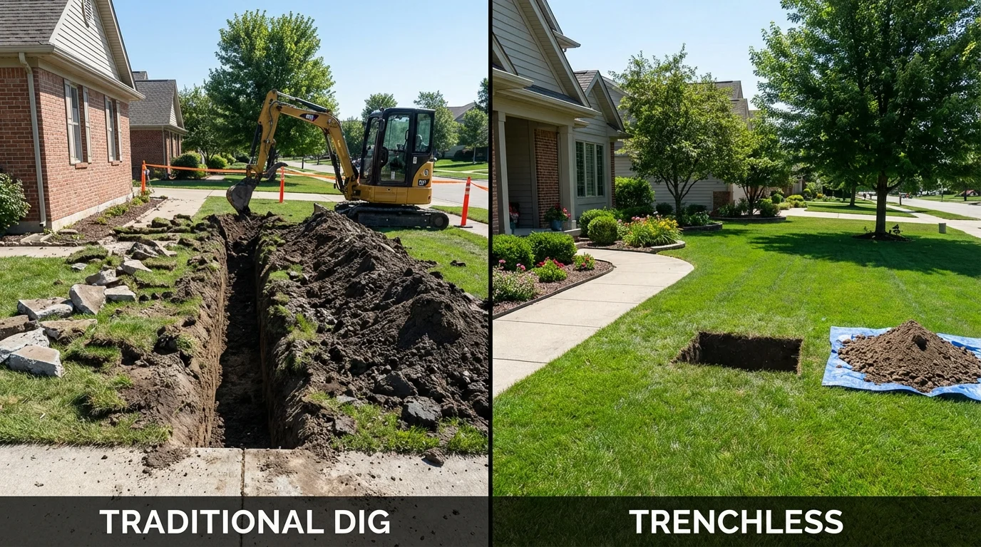 Trenchless sewer repair with minimal yard damage versus traditional excavation in Kent, CT